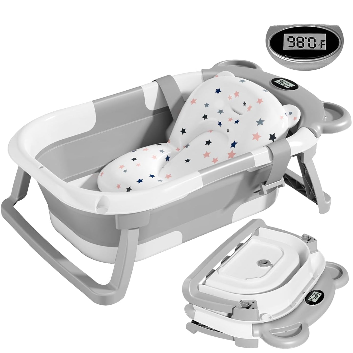 Collapsible Baby Bathtub for Infants to Toddler with Real-Time Temp Monitor+Floating Cushion,Foldable Baby Bath Tub Set Applicable 0-36 Month,Perfect Portable Travel Baby Tub for Newborns Boy