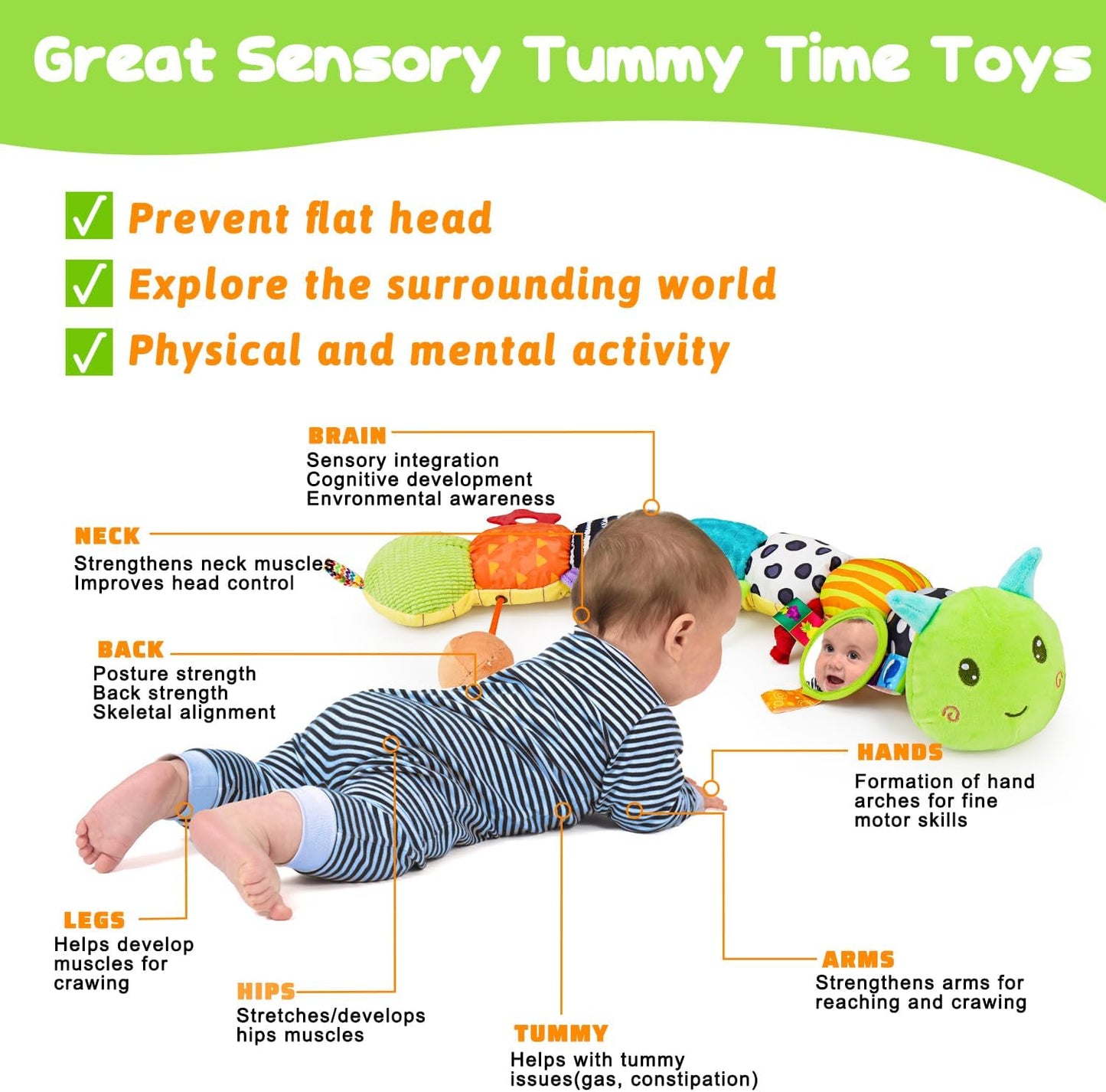Baby Sensory Toy 0-6 Month Music Animal Stuffed Plush Caterpillar Toy for Infant 0-3-6 Month Tummy Time with Baby Mirror Crinkle Rattle for 6-12 Month Easter Toy for Newborn Boys Girls Birthday Gifts
