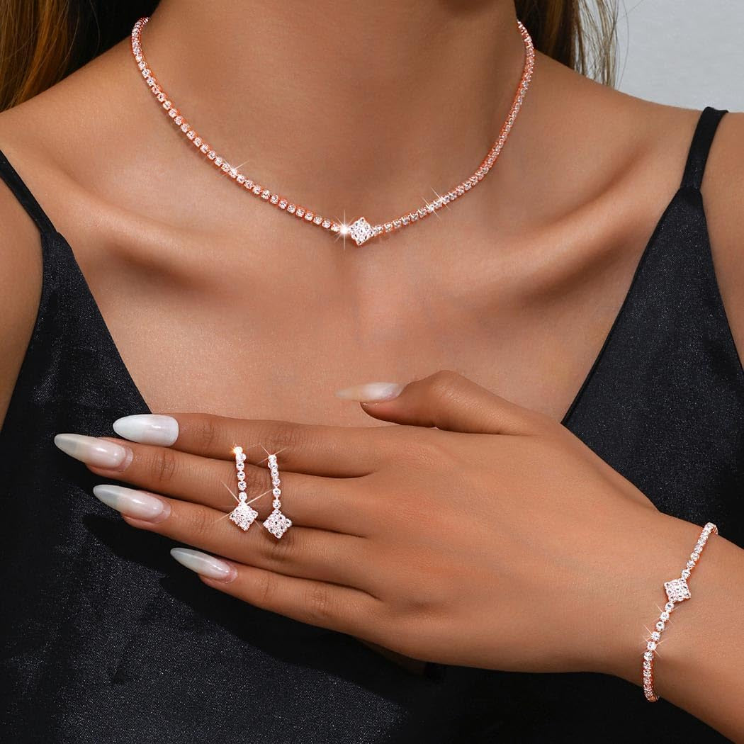 Silver Bridal Wedding Jewelry Set Sparkly Rhinestone Necklace Earrings Bracelet Sets Formal Costume Jewelry for Women and Brides