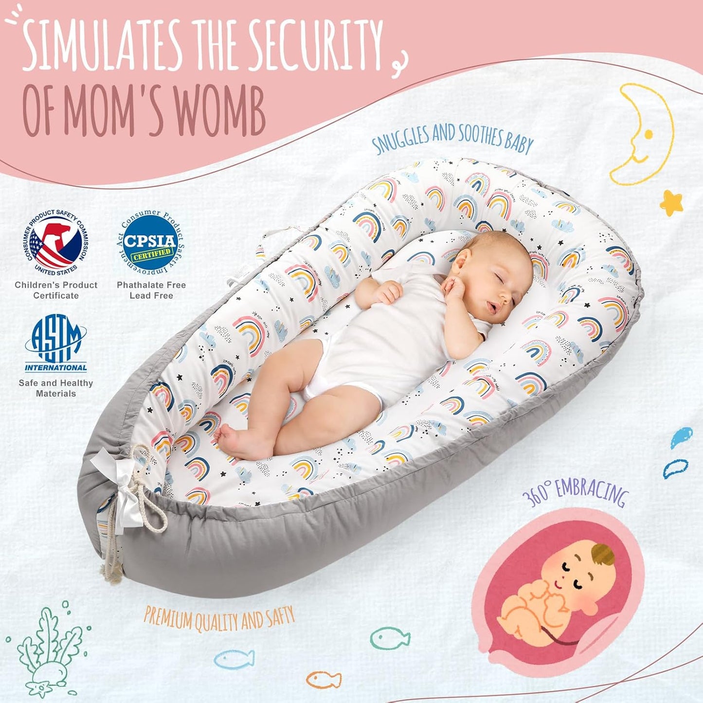 Baby Lounger for Newborn, Detachable Mosquito - Newborn Lounger Cover for 0-24 Months, Breathable & Portable Infant Lounger - Soft Baby Floor Seat Cover for Travel, Newborn Essentials - Grey