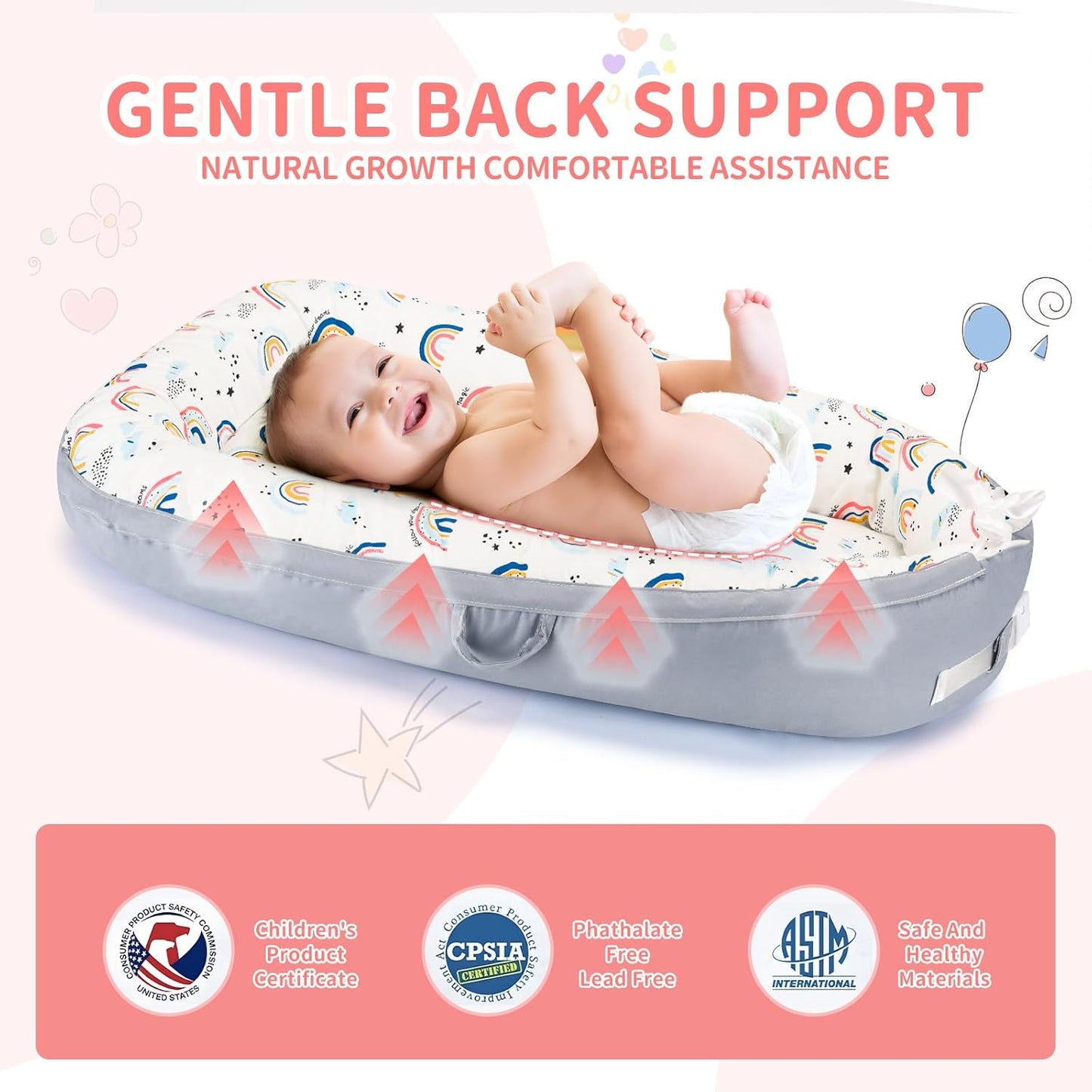 Baby Lounger- Baby Nest for 0-24 Months, Ultra Soft Organic Cotton Breathable & Portable Baby Lounger, Baby Lounger Pillow for Newborn (Rainbow)