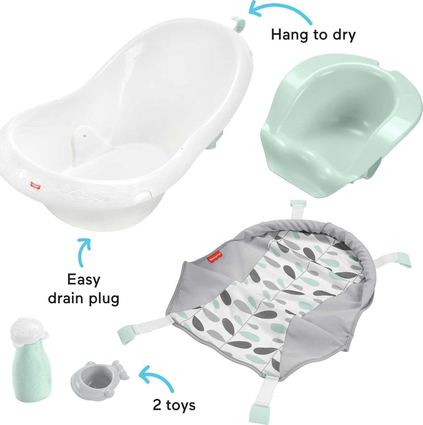 Baby to Toddler Bath 4-In-1 Sling ‘N Seat Tub with Removable Infant Support and 2 Toys, Climbing Leaves