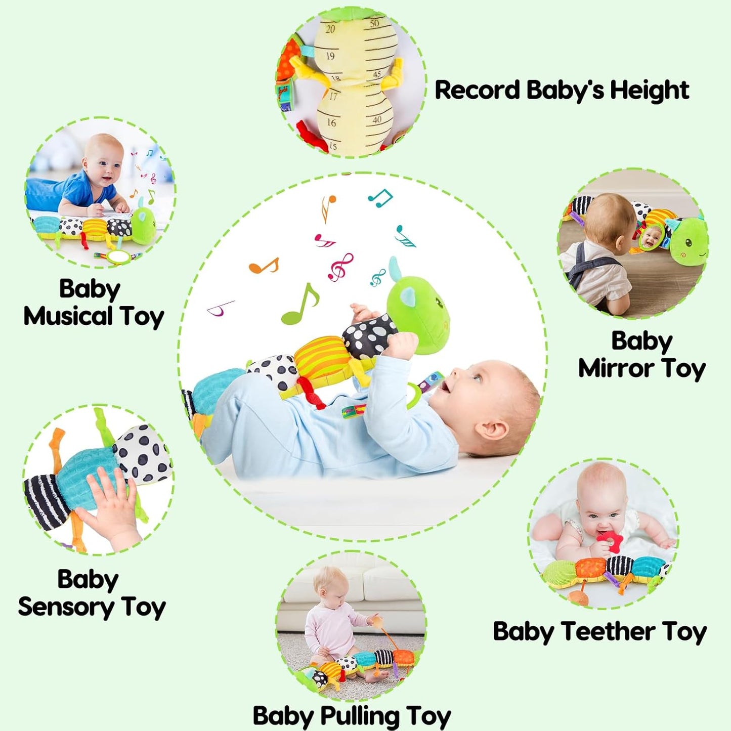 Baby Sensory Toy 0-6 Month Music Animal Stuffed Plush Caterpillar Toy for Infant 0-3-6 Month Tummy Time with Baby Mirror Crinkle Rattle for 6-12 Month Easter Toy for Newborn Boys Girls Birthday Gifts