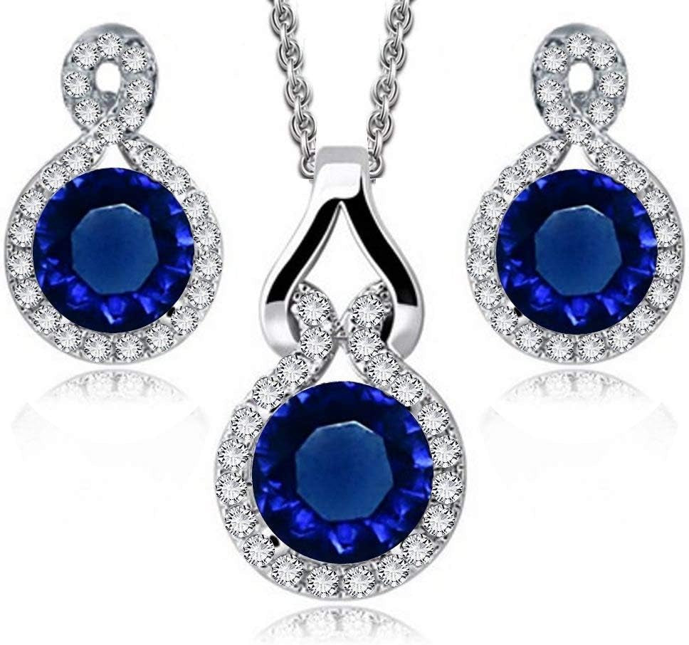 round Zirconia Crystals Set Pendant Necklace Earrings 18K White Gold Plated for Women