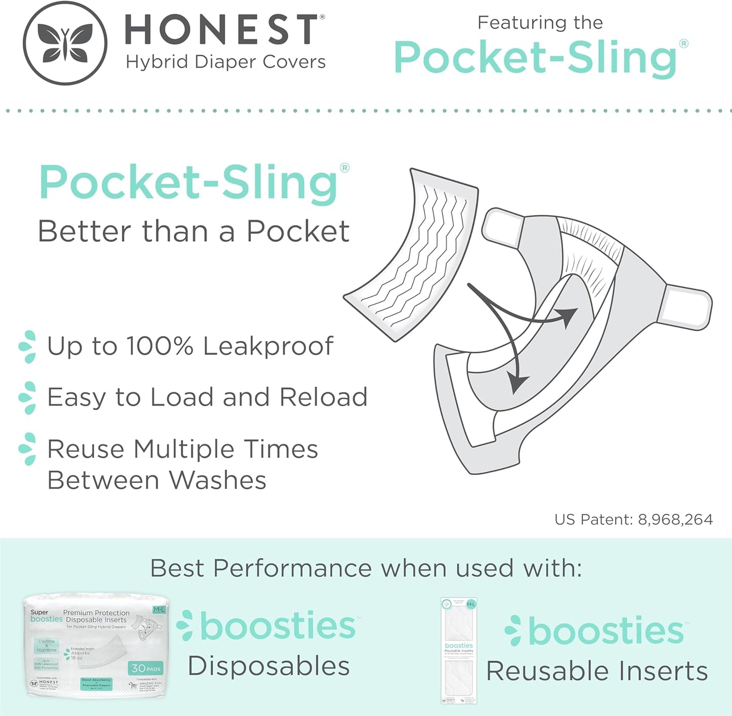 Hybrid Cloth Diaper Covers with Pocket-Sling, Large (22-40 Lbs), Stops Nighttime Leaks, Use with Boosties Disposable Diaper Pad or Reusable Insert, 3 Pack of Cotton Muslin Covers