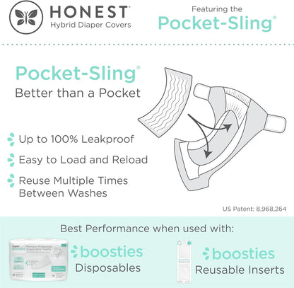 Hybrid Cloth Diaper Covers with Pocket-Sling, Large (22-40 Lbs), Stops Nighttime Leaks, Use with Boosties Disposable Diaper Pad or Reusable Insert, 3 Pack of Cotton Muslin Covers
