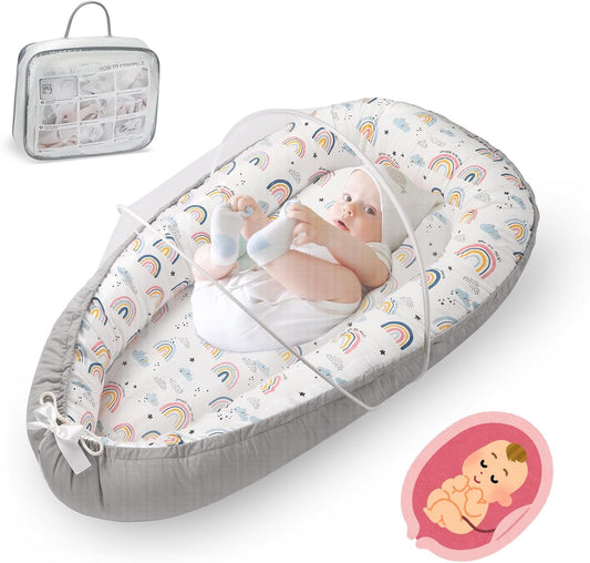 Baby Lounger for Newborn, Detachable Mosquito - Newborn Lounger Cover for 0-24 Months, Breathable & Portable Infant Lounger - Soft Baby Floor Seat Cover for Travel, Newborn Essentials - Grey