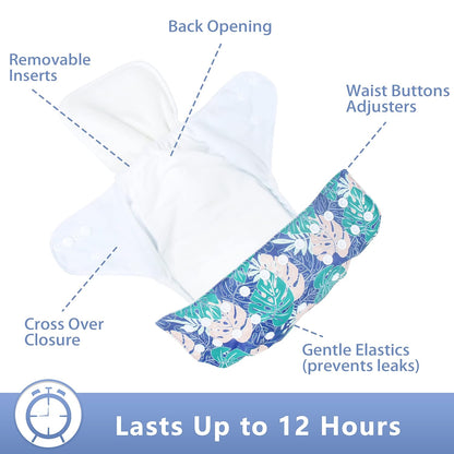 Cloth Diapers Reusable for Boys and Girls, Baby Diaper Cloth with Inserts & Wet Bag One Size (Floral)