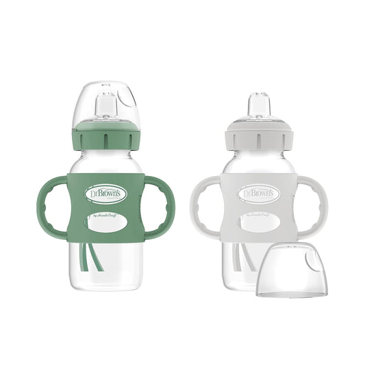 Milestones Wide-Neck Sippy Spout Bottle with 100% Silicone Handles, Easy-Grip Handles with Soft Sippy Spout, 9Oz/270Ml, Green & Gray, 2-Pack, 6M+