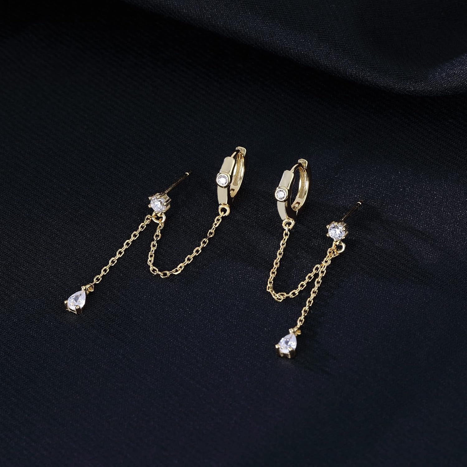 Sterling Silver Double Piercing Earrings - Huggie Hoops with Chain, Droplet Dangle Design for Women