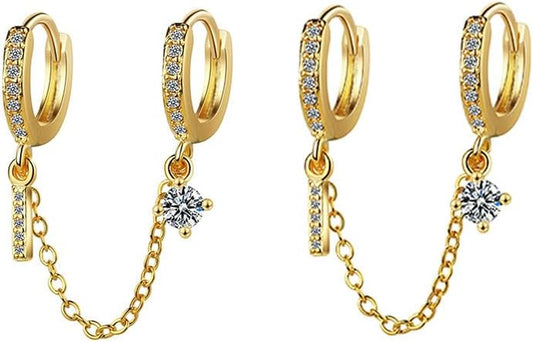 Small Huggie Hoop Earrings for Women Double Piercing Earrings Gold Silver Dangle Chain Cubic Zirconia Stud Ear Cuff Earring Summer Jewelry ﻿