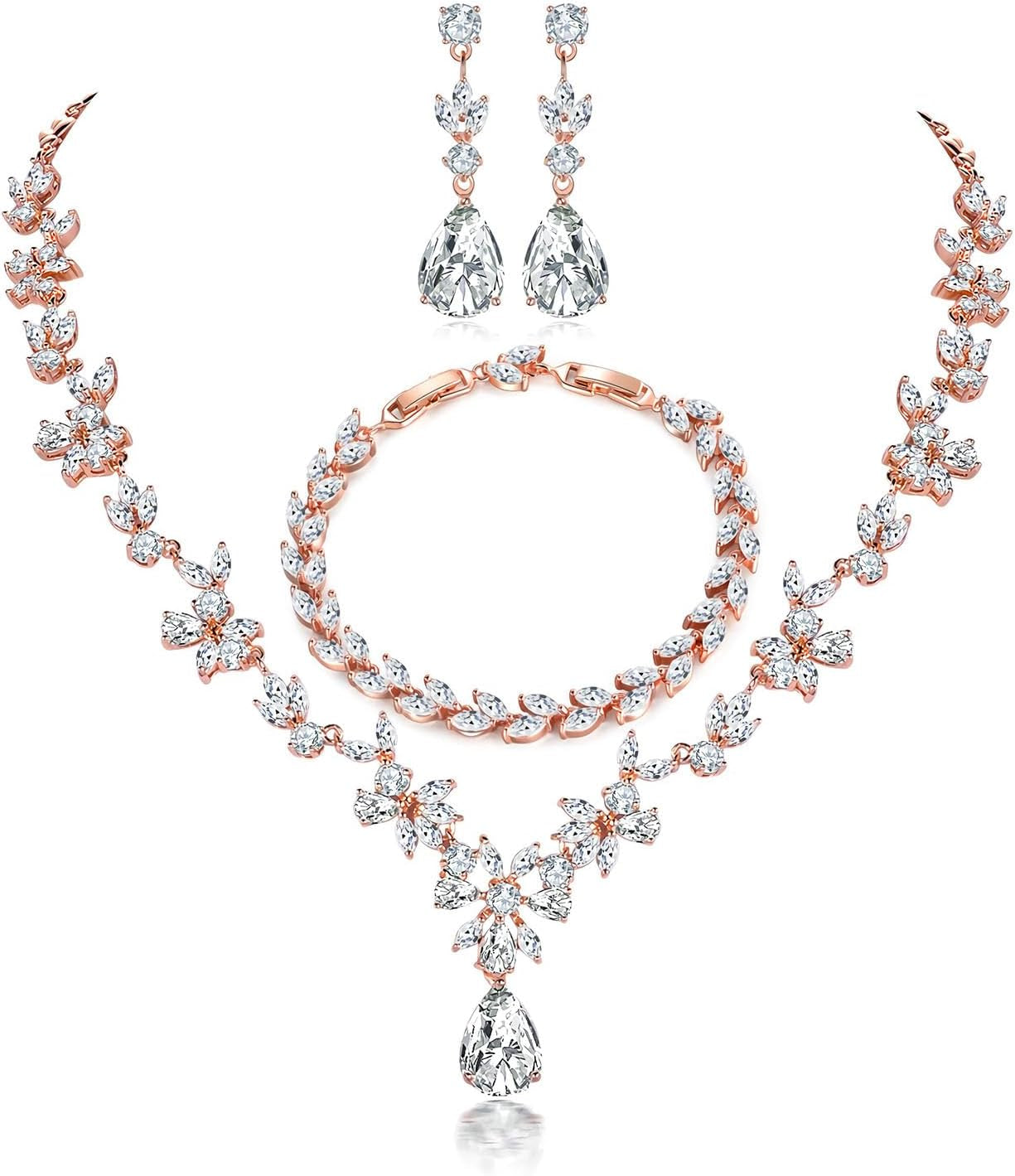 Jewelry Set for Women, Necklace Dangle Earrings Bracelet Set with White AAA Cubic Zirconia, Allergy Free Wedding Party Jewelry for Bridal Bridesmaid