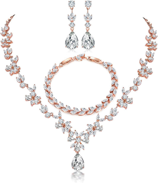 Jewelry Set for Women, Necklace Dangle Earrings Bracelet Set with White AAA Cubic Zirconia, Allergy Free Wedding Party Jewelry for Bridal Bridesmaid