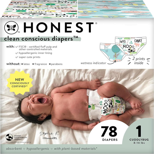 Clean Conscious Diapers for Sensitive Skin | Hypoallergenic, Fragrance Free | Gender Neutral Prints | Club Box, Size 1 (8-14 Lbs), 78 Count