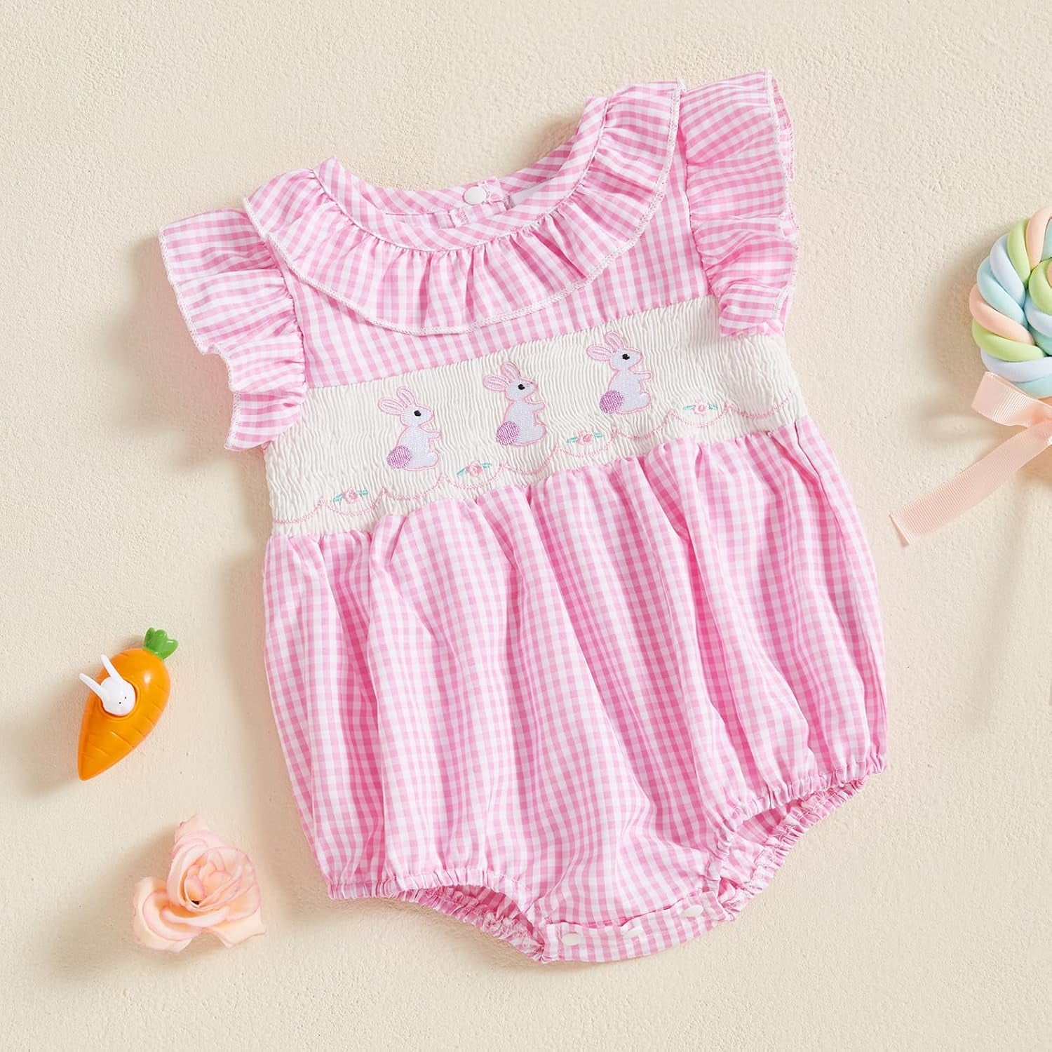Newborn Baby Girl Smocked Romper Embroidery Peter Pan Collar Ruffle Sleeve Bubble Bodysuit Summer Outfit