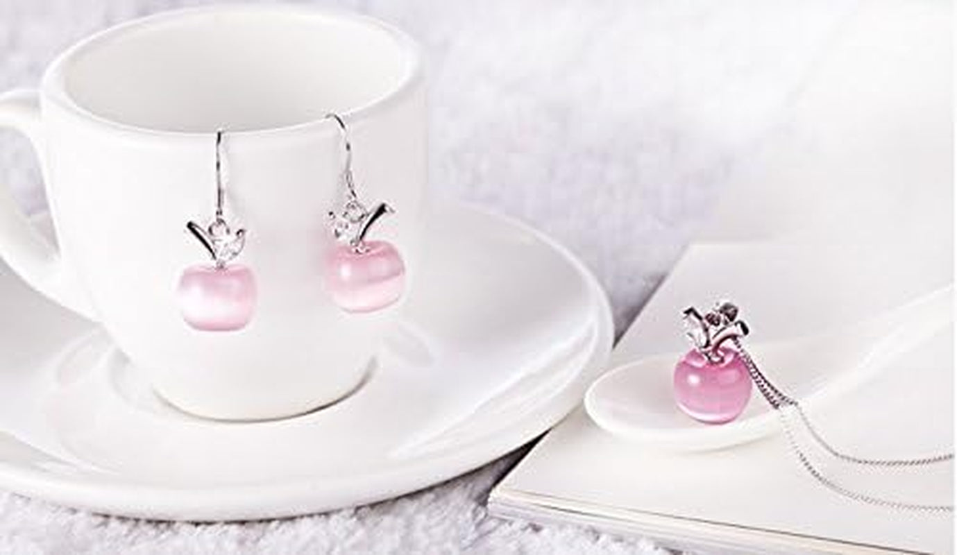 Apples Set Pink Simulated Cat Eye Stone Crystals Pendant Necklace 18 Inches Earrings 18K White Gold Plated for Women