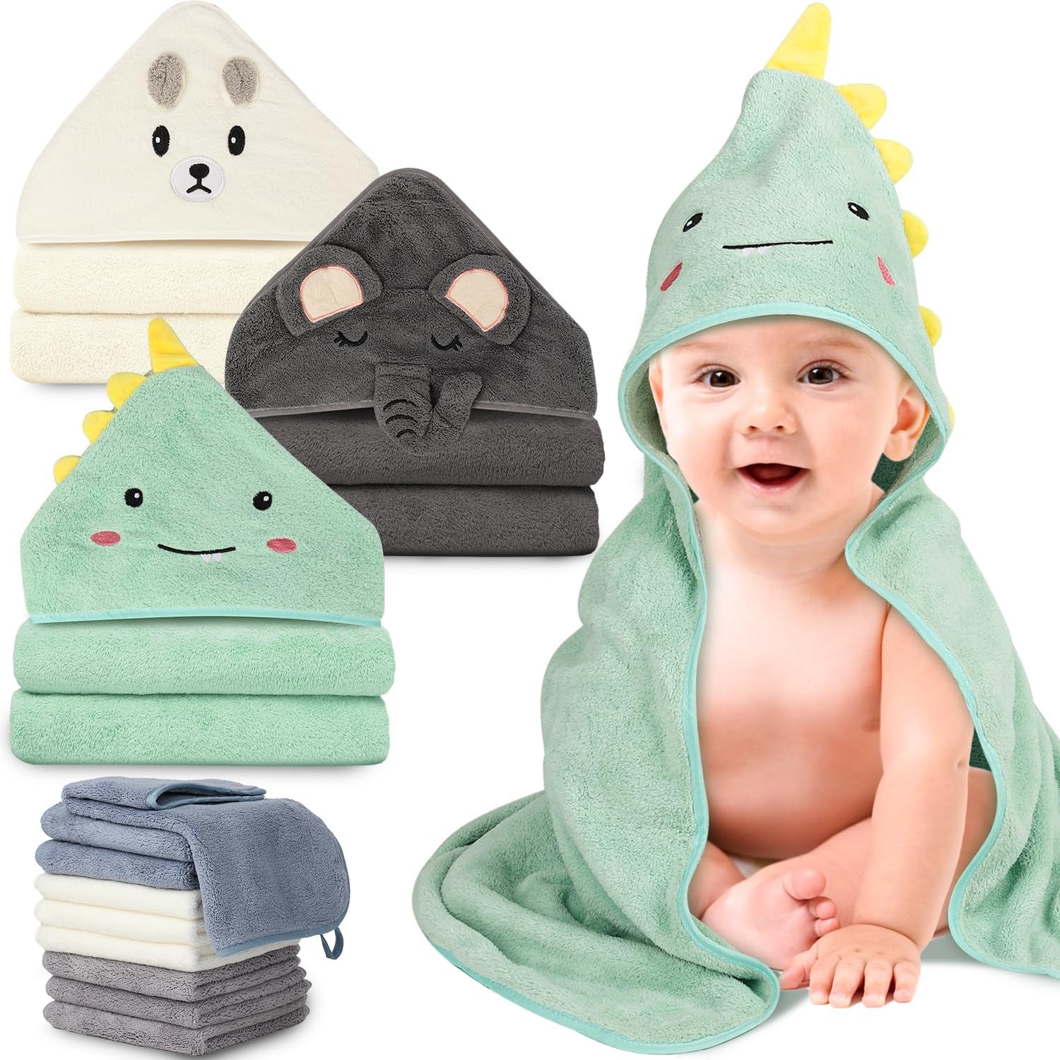 31X31 Inch Baby Hooded Towels, 12Pcs Bath Towels for Boys, Washcloth Set with Cute Design, Shower Towel Gift for Newborns, Infants and Toddlers