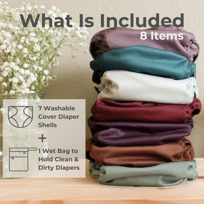 Cloth Diaper Cover, Washable Reusable Diaper Cover with Snap Closure, Flat or Fitted - 7 Pack with Wet Bag - Hickory