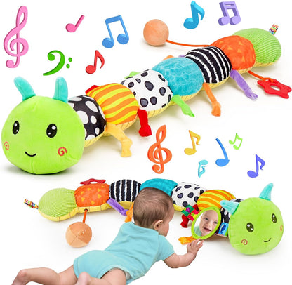 Baby Sensory Toy 0-6 Month Music Animal Stuffed Plush Caterpillar Toy for Infant 0-3-6 Month Tummy Time with Baby Mirror Crinkle Rattle for 6-12 Month Easter Toy for Newborn Boys Girls Birthday Gifts