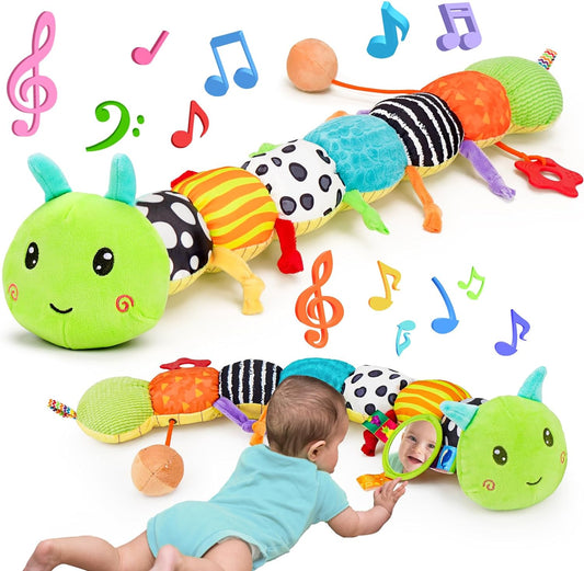 Baby Sensory Toy 0-6 Month Music Animal Stuffed Plush Caterpillar Toy for Infant 0-3-6 Month Tummy Time with Baby Mirror Crinkle Rattle for 6-12 Month Easter Toy for Newborn Boys Girls Birthday Gifts