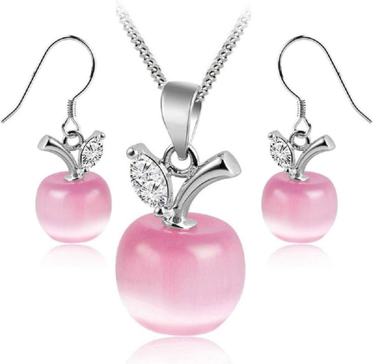 Apples Set Pink Simulated Cat Eye Stone Crystals Pendant Necklace 18 Inches Earrings 18K White Gold Plated for Women