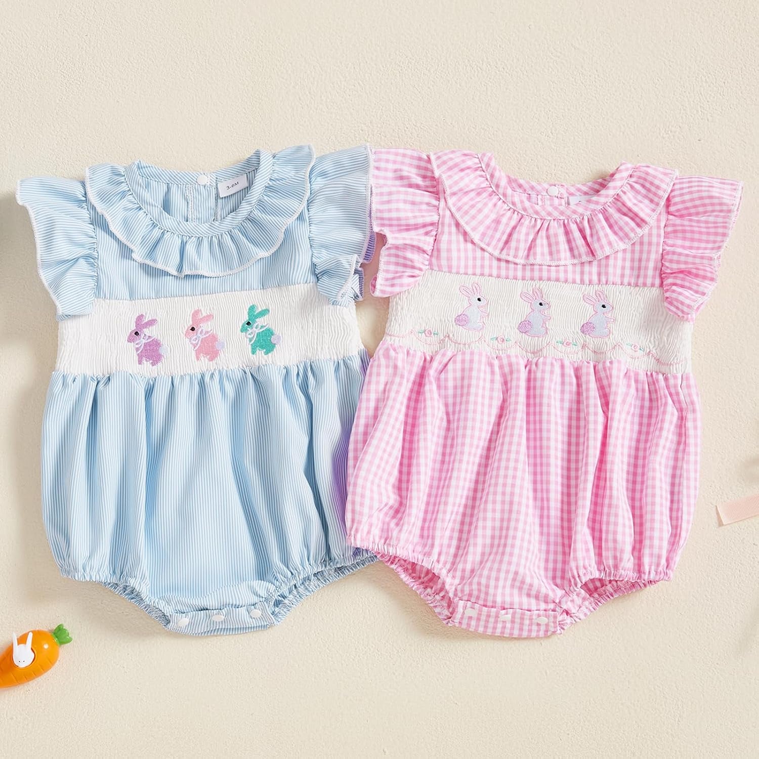 Newborn Baby Girl Smocked Romper Embroidery Peter Pan Collar Ruffle Sleeve Bubble Bodysuit Summer Outfit