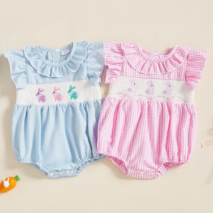 Newborn Baby Girl Smocked Romper Embroidery Peter Pan Collar Ruffle Sleeve Bubble Bodysuit Summer Outfit