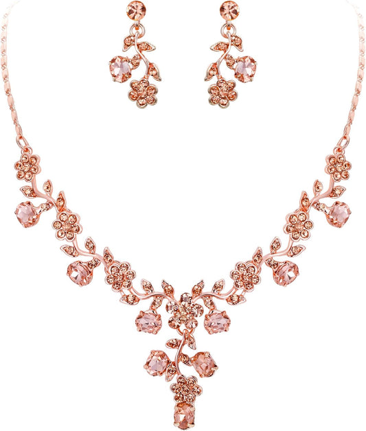 Bridal Jewelry Sets for Wedding Rhinestone Crystal Flower Leaf Costume Pendant Necklace Earrings Set for Women