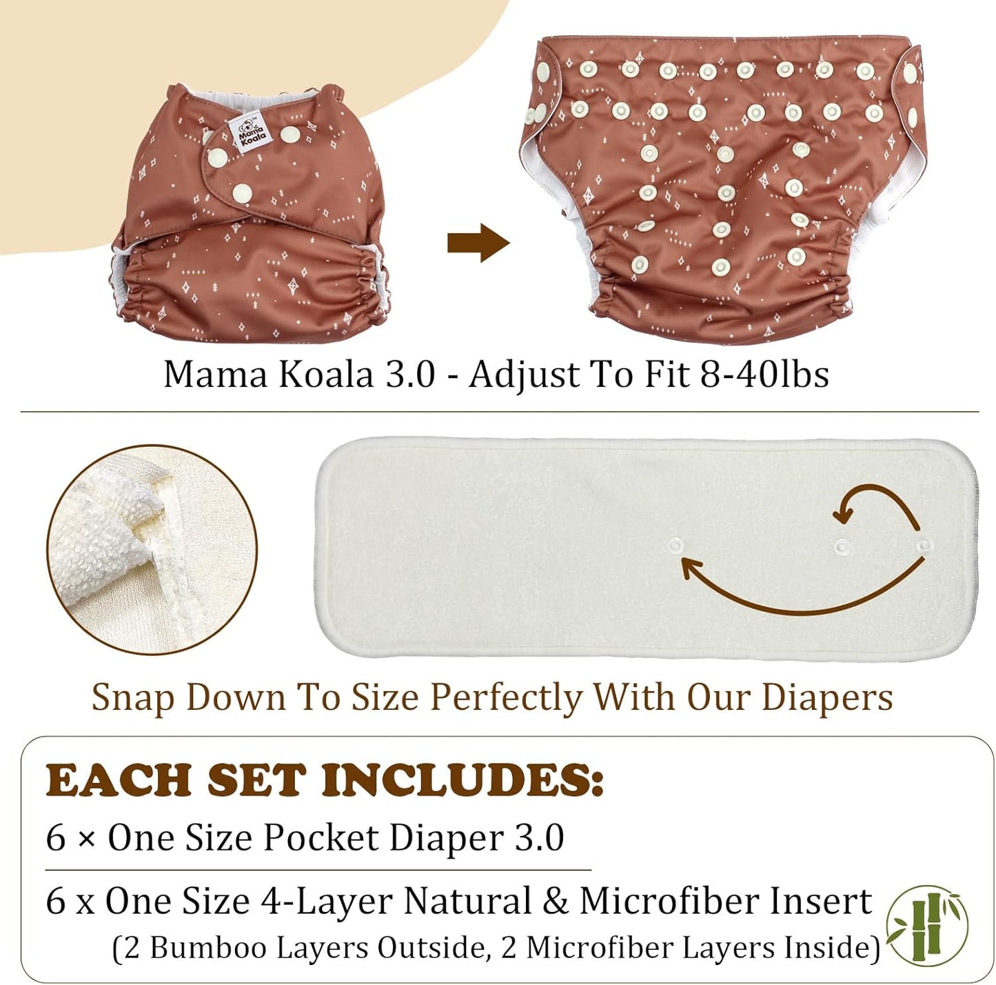 3.0 Pocket Cloth Diapers for Babies with AWJ Lining, 6 Pack with 6 4-Layer Natural Cloth Diaper Inserts - Reusable and Washable Pocket Diapers(Simply Neutrals)