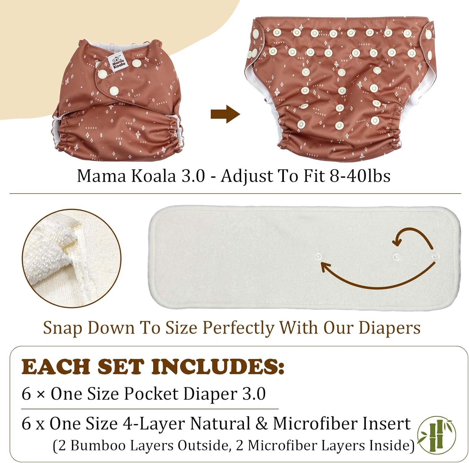 3.0 Pocket Cloth Diapers for Babies with AWJ Lining, 6 Pack with 6 4-Layer Natural Cloth Diaper Inserts - Reusable and Washable Pocket Diapers(Simply Neutrals)