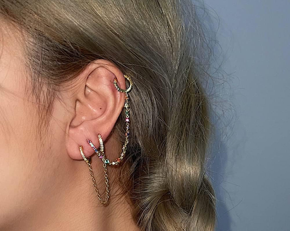 Dainty CZ Double Piercings Two Holes Small Hoop Cuff Cartilage Hypoallergenic Earrings for Women 925 Sterling Silver Post Cubic Zirconia Chain Threader Dangle Drop Crystal Climber Crawler Wrap Dainty Huggie Hoops Fashion Piercing Jewelry Gifts 1 Pair