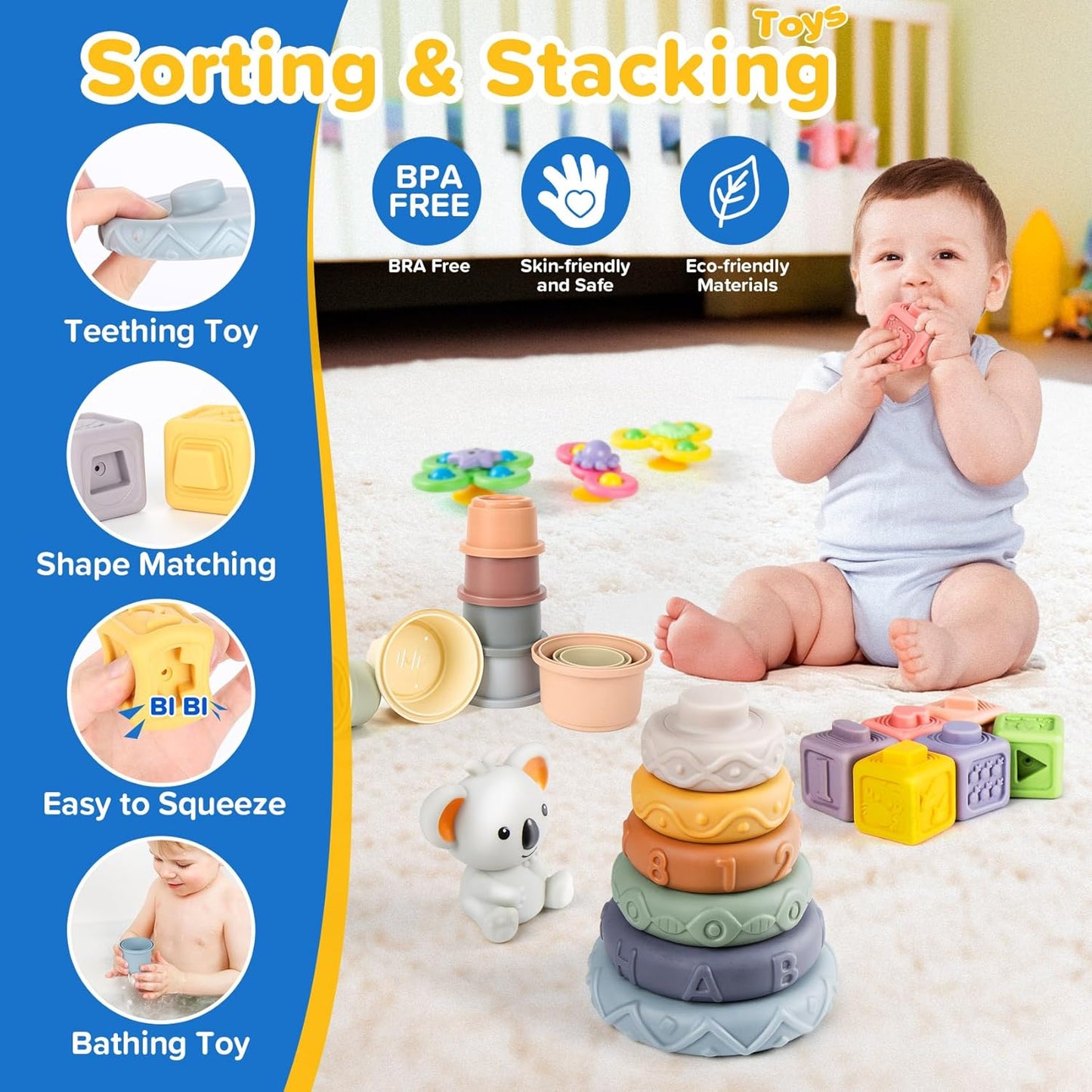 6-In-1 Baby Toys 6 to 12 Months, Montessori Toys for Babies 6-12-18 Months, Infant Teething Toy Stacking Blocks Rings Sensory Bin, Sorting Sensory Educational Learning Gift for Toddlers Aged 1-3
