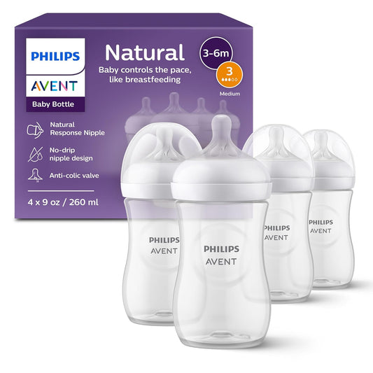 Philips  Natural Baby Bottles with Medium Flow Natural Response Nipples, 9 oz, 4-Pack, Model SCY903/04