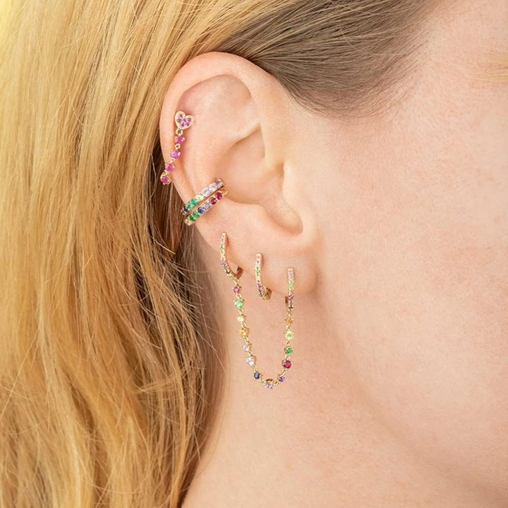Dainty CZ Double Piercings Two Holes Small Hoop Cuff Cartilage Hypoallergenic Earrings for Women 925 Sterling Silver Post Cubic Zirconia Chain Threader Dangle Drop Crystal Climber Crawler Wrap Dainty Huggie Hoops Fashion Piercing Jewelry Gifts 1 Pair