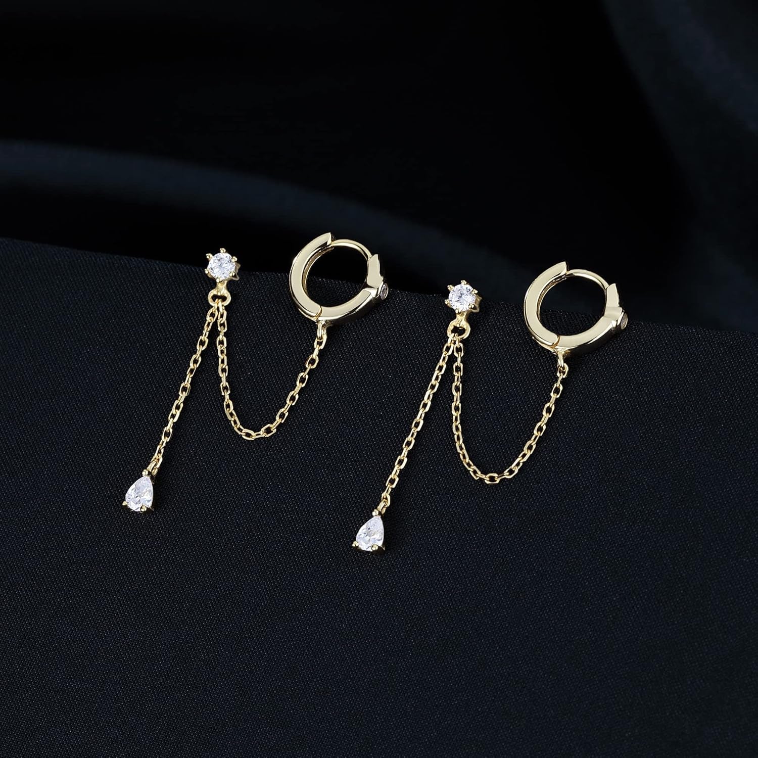 Sterling Silver Double Piercing Earrings - Huggie Hoops with Chain, Droplet Dangle Design for Women