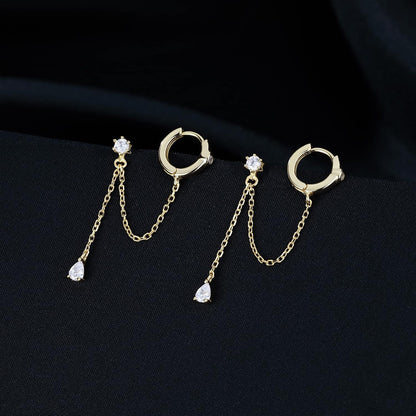 Sterling Silver Double Piercing Earrings - Huggie Hoops with Chain, Droplet Dangle Design for Women
