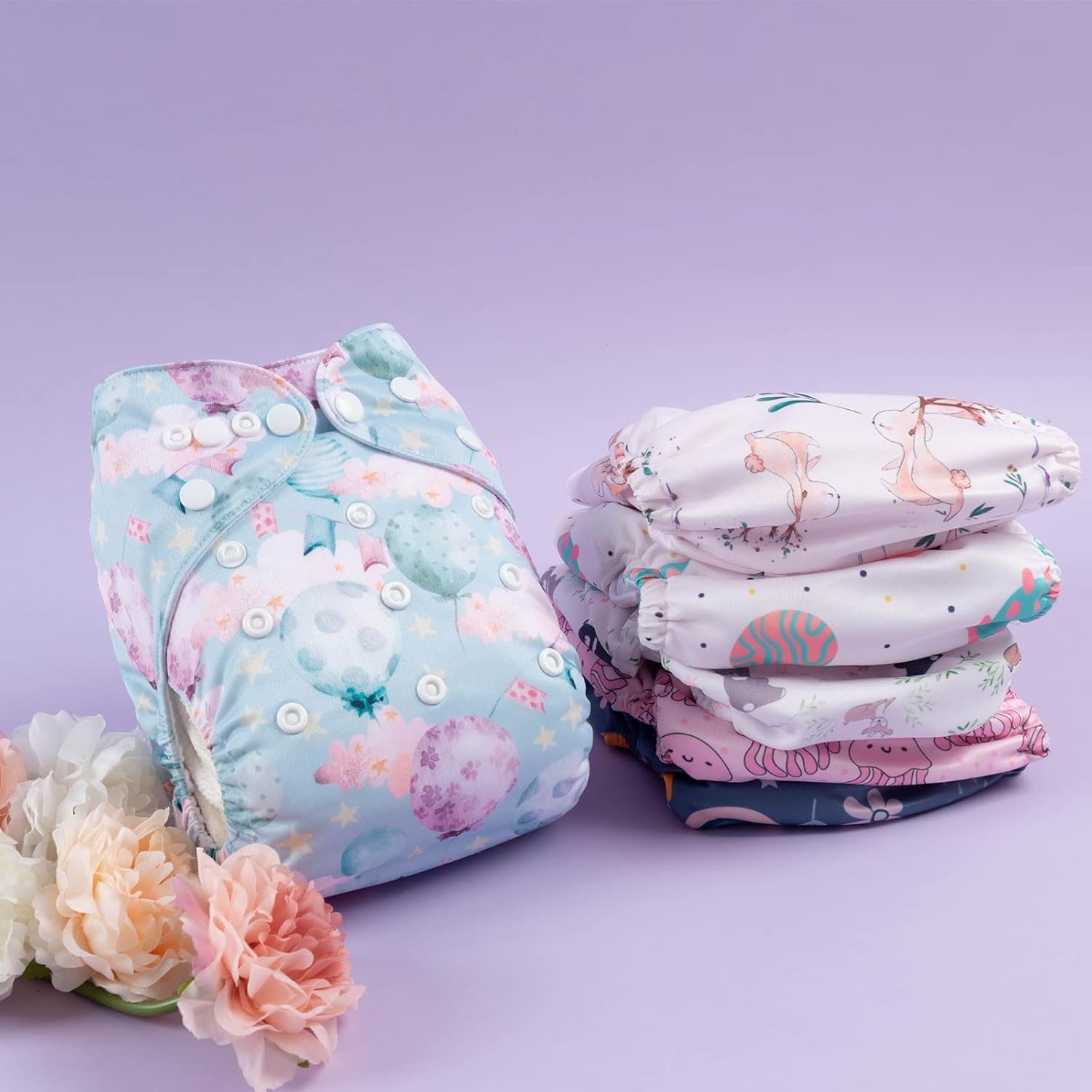 Reusable Cloth Diapers 6 Pack+6Pcs Rayon from Bamboo Inserts+Wet Bag, One Size Adjustable Washable Pocket Nappy Covers for Baby Girls and Boys 6FG38