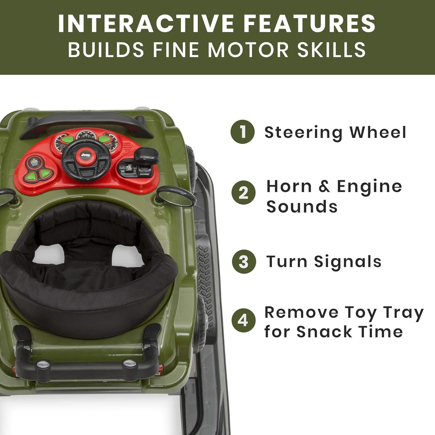 Jeep Classic Wrangler 3-In-1 Grow with Me Activity Walker - Features Music, Lights, Removable Play Tray, Push Walker Mode, Converts into Rolling Car Toy, Anniversary Green