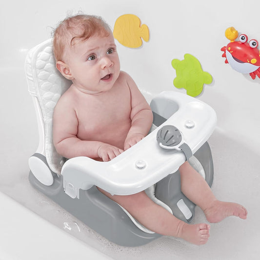 Baby Bath Seat with Sitting & Lying 2 Modes, 3-Speed Adjustment, Powerful Suction Cups, Infant Bathtub Chair with Soft and Comfortable Towel, Folding and Hanging