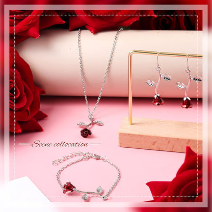 18K Gold Plated Jewelry Set Rose Necklace Bracelet Earrings Red Rose Flower Pendant for Christmas Gift Women