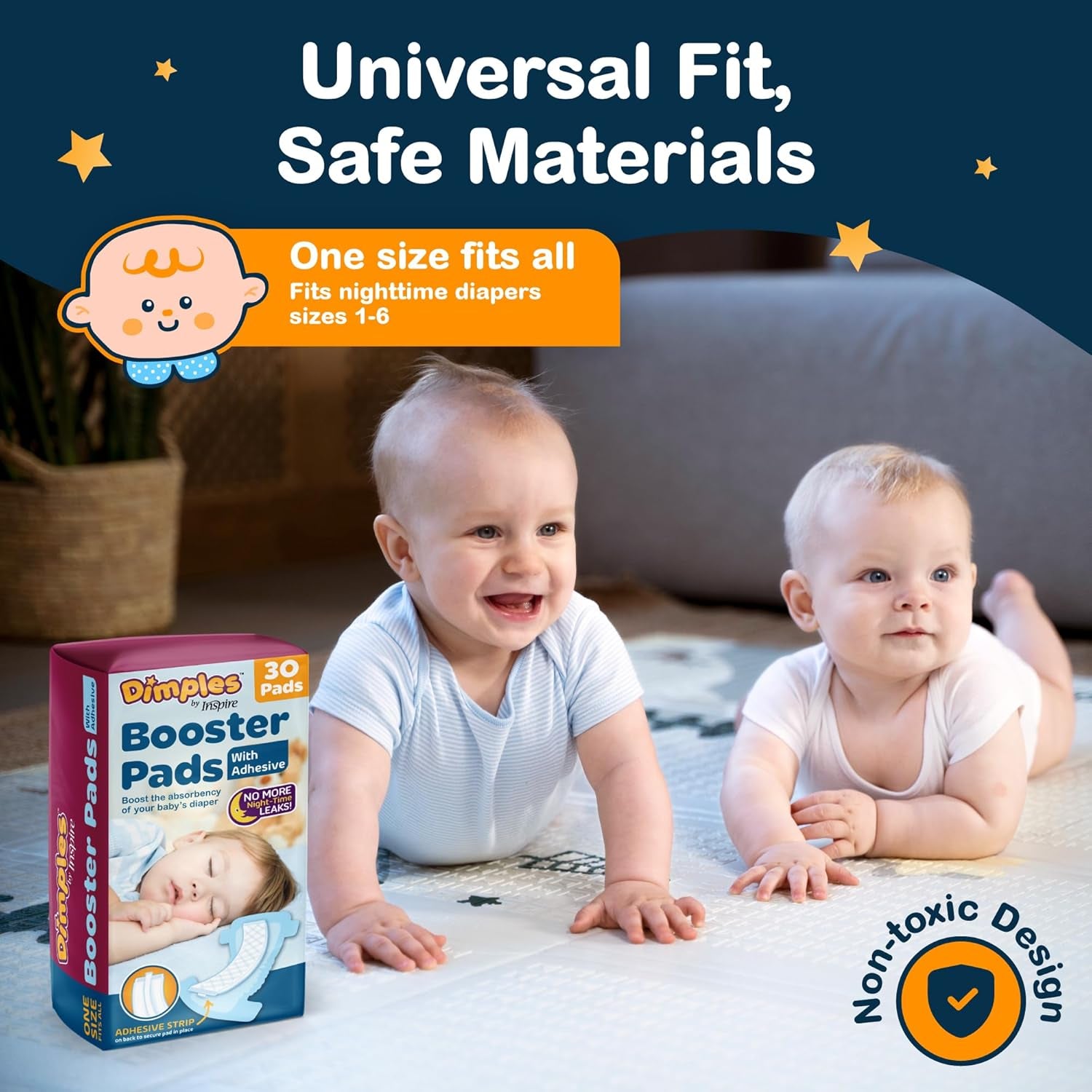 Dimples Booster Pads, Baby Diaper Doubler with Adhesive for Secure Fit | 1 Size Fits All Diapers | Boosts Absorbency No More Leaks 22 Count