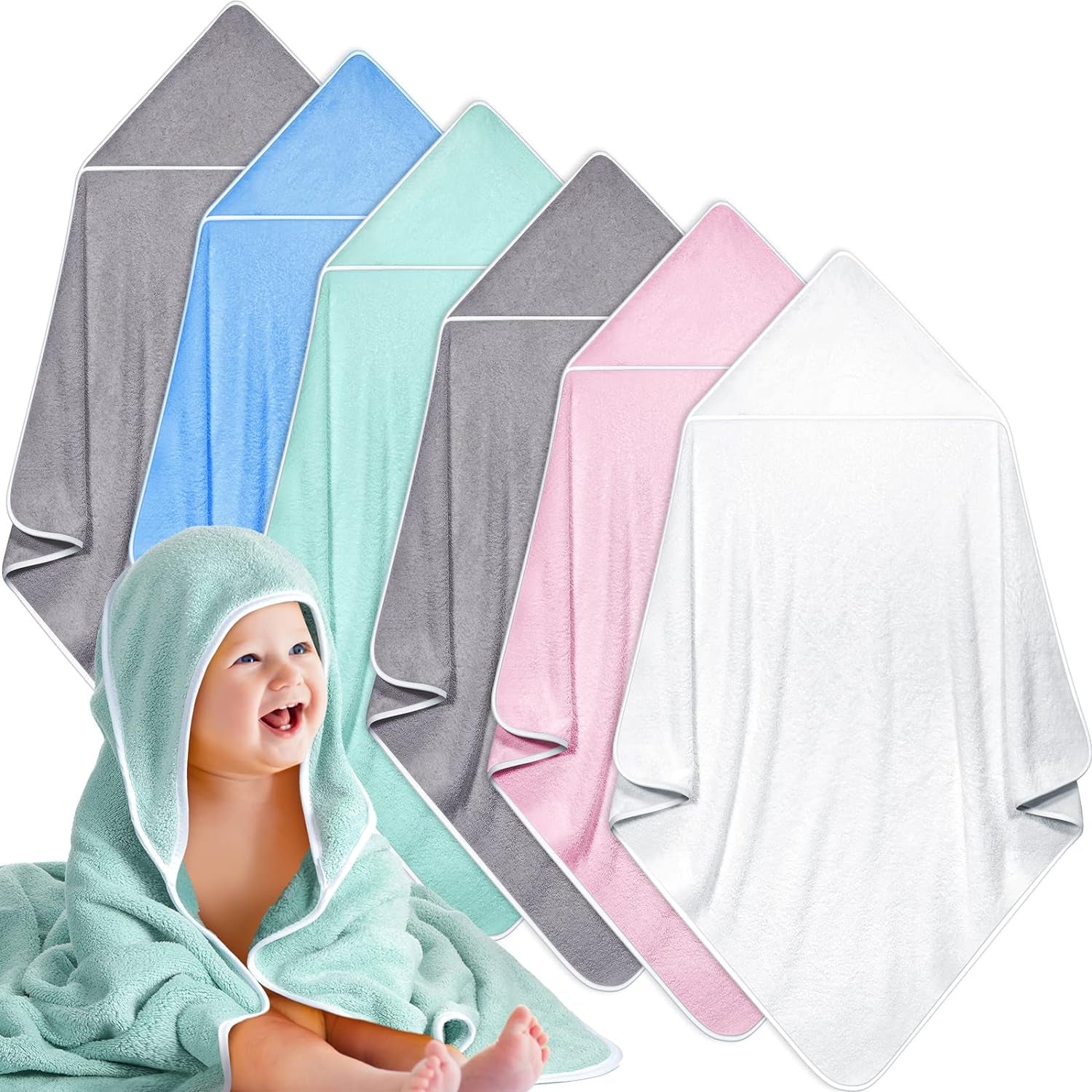 6 Pack Baby Bath Towel, Coral Fleece Soft Absorbent Hooded Towel for Newborns, Toddlers, and Kids, 30 X 30 Inch