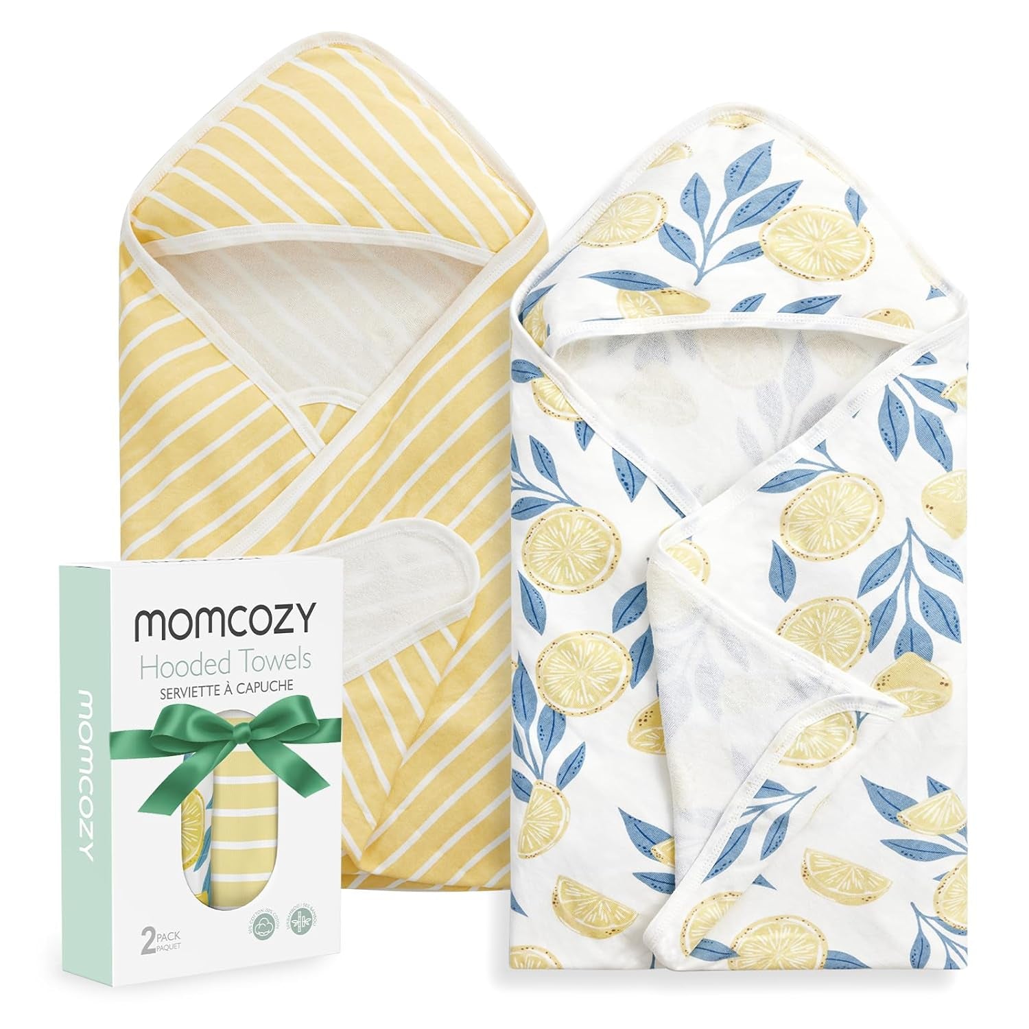 Baby Hooded Towel, 2 Pack Baby Towel Set, Super Soft Bath Towel with Original Design, Shower Gifts for Infant, Toddler (28 X 28 Inch, Lemon Leaves)