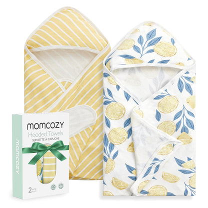 Baby Hooded Towel, 2 Pack Baby Towel Set, Super Soft Bath Towel with Original Design, Shower Gifts for Infant, Toddler (28 X 28 Inch, Lemon Leaves)