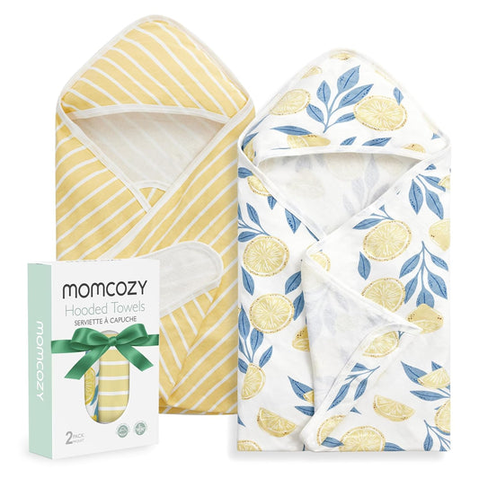Baby Hooded Towel, 2 Pack Baby Towel Set, Super Soft Bath Towel with Original Design, Shower Gifts for Infant, Toddler (28 X 28 Inch, Lemon Leaves)