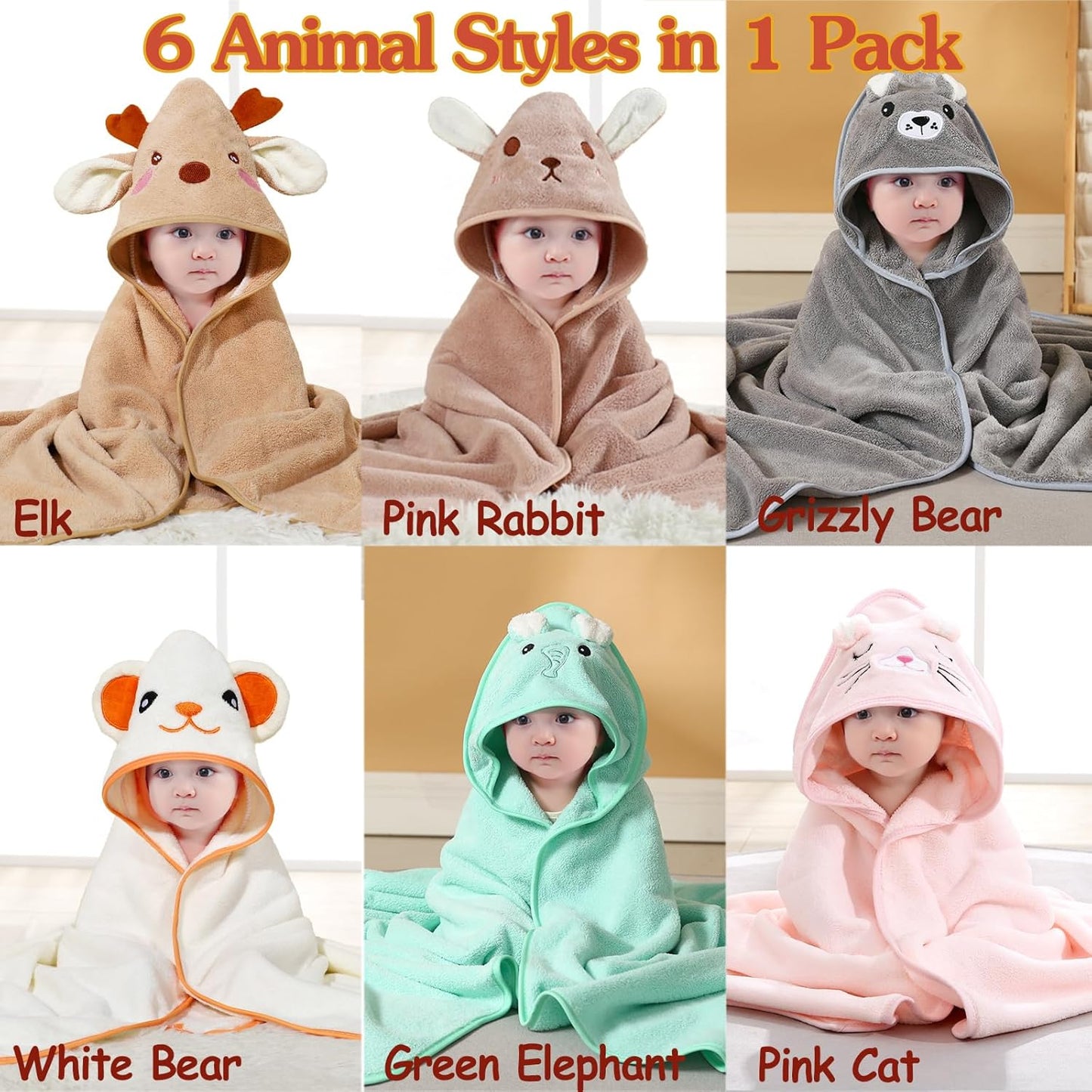 6Pack Hooded Baby Towels, Premium Ultra Soft Absorbent Coral Fleece Baby Bath Towel for Newborns, Toddlers, and Kids, 32X32 in Natural Baby Stuff Towel with Hood for Boy and Girl