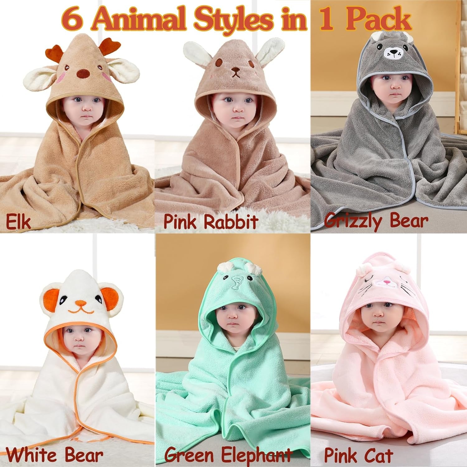 6Pack Hooded Baby Towels, Premium Ultra Soft Absorbent Coral Fleece Baby Bath Towel for Newborns, Toddlers, and Kids, 32X32 in Natural Baby Stuff Towel with Hood for Boy and Girl