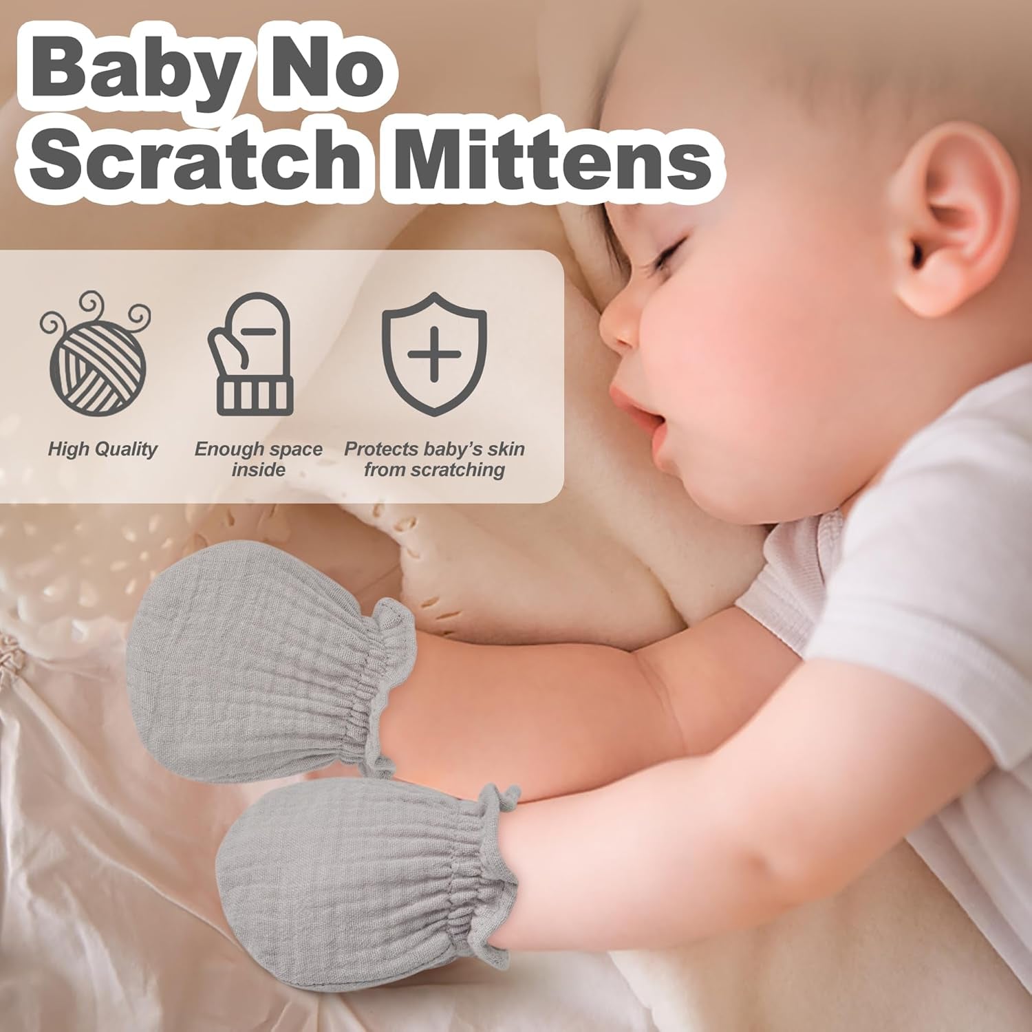 Muslin Baby Mittens for Newborn, 100% Cotton No Scratch Soft Breathable Gloves for Boys and Girls 0-6 Months