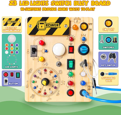 Busy Board,Montessori Toys for 1-3 Years Old, Wooden Toddler Toys, Sensory Travel Toys, Ideal Gift for 1+ Year Old Boys (Busy Board plus V2), Medium, Yellow