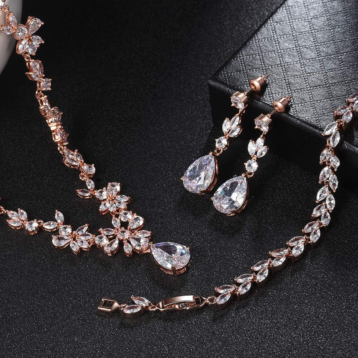 Jewelry Set for Women, Necklace Dangle Earrings Bracelet Set with White AAA Cubic Zirconia, Allergy Free Wedding Party Jewelry for Bridal Bridesmaid
